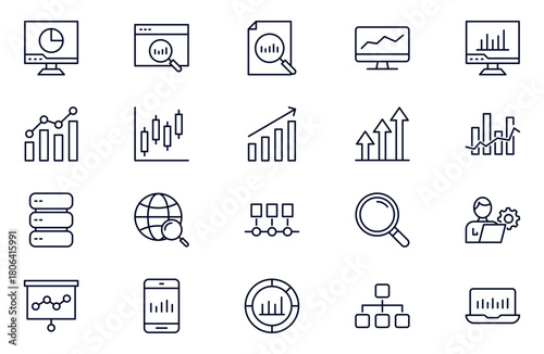 Data analysis line icons set. Analytics, server, mining, data filter, traffic, AI, hosting, monitoring. Statistics and analytics outline icons collection.