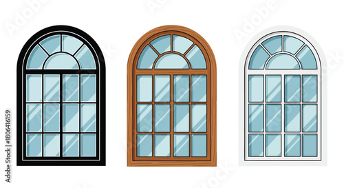 A set of three classic arched windows with black, brown, and white frames isolated on a white background.