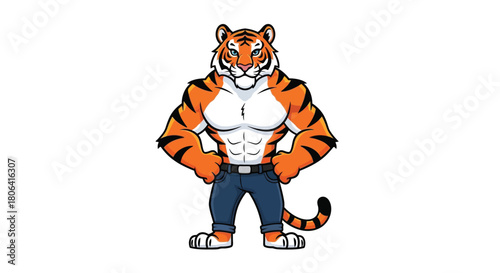 A muscular, anthropomorphic cartoon tiger character standing confidently in blue jeans.
