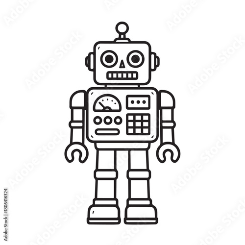 A black and white minimalist vector of a vintage toy robot, combining simple lines and classic mechanical elements to portray its charming retro style and playful old school appeal.
