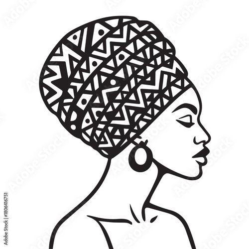 Stylish black and white vector artwork of an African lady with a turban and headband, drawn in a serene side profile to represent cultural pride, feminine identity, and the spirit of Women’s Day.