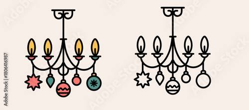 Elegant chandelier icons with Christmas ornaments minimalist vector design for festive decorations 
