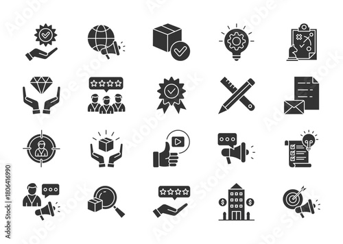 Branding thin glyph icon set. Containing marketing, product, innovation, strategy, brand values, loyal customers, identity, design, stationery, target audience. Vector illustration