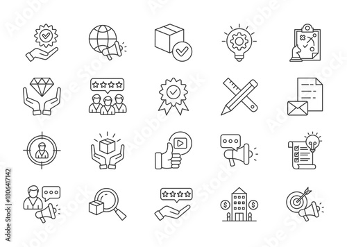 Branding thin line icon set. Containing marketing, product, innovation, strategy, brand values, loyal customers, identity, design, stationery, target audience. Vector illustration