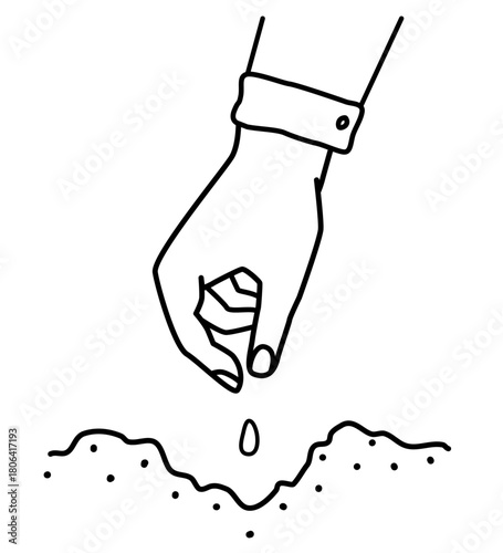 Minimalist vector line art illustration of a hand sowing a seed in soil. Simple black outline style. For illustrate the topics of the agro-industry, seed planting, gardening, eco, packaging.