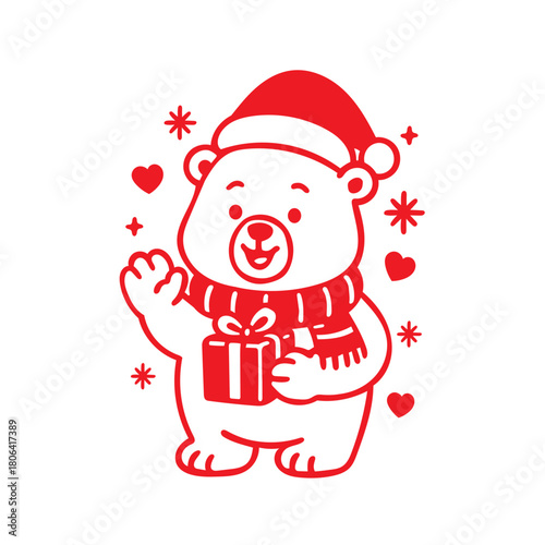 Cute Polar Bear Vector Outline Waving Hand with Gift Box