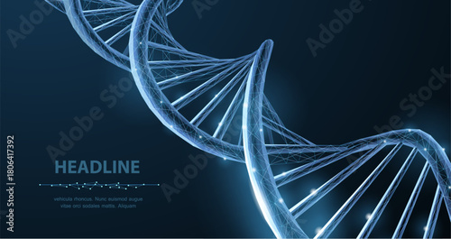 DNA. Abstract 3d polygonal wireframe DNA molecule helix spiral on blue. Medical science, genetic biotechnology, chemistry biology, gene cell concept vector illustration or background

