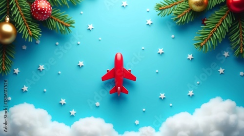 Christmas travel concept with red toy airplane, fir branches and stars on blue sky
