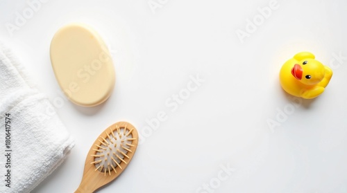 Minimal baby bath flat lay with towel, soap, wooden brush and yellow rubber duck