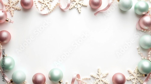 Minimal pastel Christmas border with pink and mint baubles on white background