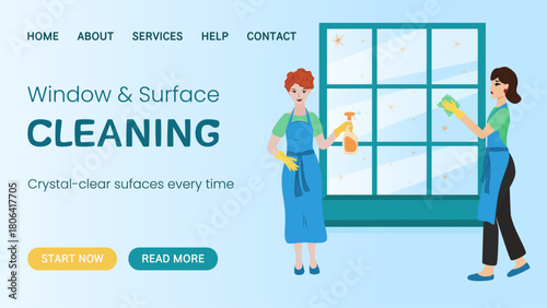 Vector web banner of professional window and surface cleaning service with two cleaners making glass shine. Perfect design for marketing promoting, advertisement, landing for cleaning companies.