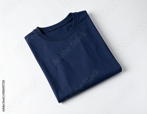 Plain Navy Blue Crew Neck T Shirt Folded on White Background