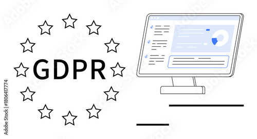 GDPR compliance text encircled by stars next to a desktop displaying privacy settings and data. Ideal for data protection, privacy, security, regulation, consent, governance, transparency. Simple