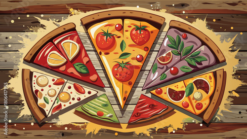 Very beautiful assortment of various pizza slices arranged on aged rustic wooden boards, creating a warm retro banner-style composition with rich textures and inviting colors.