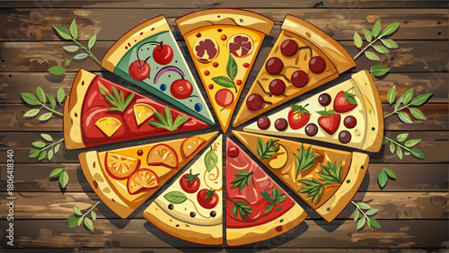 Very beautiful assortment of various pizza slices arranged on aged rustic wooden boards, creating a warm retro banner-style composition with rich textures and inviting colors.