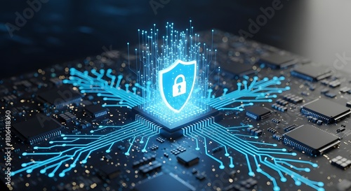 Glowing blue security shield with a lock icon on a central processor unit. Cyber protection, data security, and network defense. Abstract firewall concept on a high-tech computer chip.