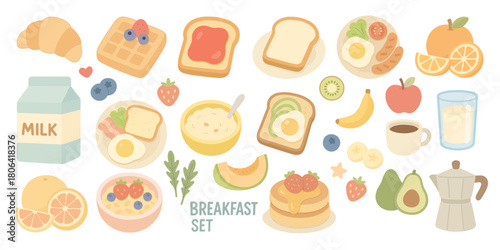 食材と飲み物のナチュラル朝食セットイラスト、Natural Breakfast Food and Drink Illustration Set