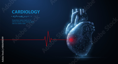 Heart. Abstract 3d vector human heart isolated on blue. Red cardio puls line. Anatomy, cardiology medicine, organ health, medical science, life healthcare, illness concept illustration or background

