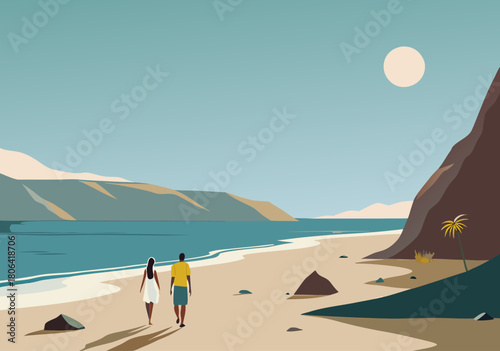 Couple's Tranquil Beach Walk Under a Sunny Sky