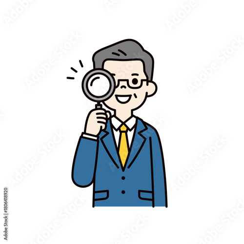 笑顔で虫眼鏡を覗く、上司・社長・経営者のシンプルな上半身ベクターイラスト素材＿カラー