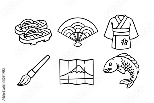 Japan themed items with sandal, fan, kimono, brush, poster, koi fish outline icon set for education print and merchandise. Traditional japan objects doodle element design pack. Vector Illustration