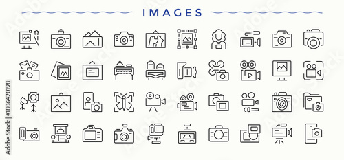 Images icon set. Minimalist linear icons. Editable stroke. Vector illustration. Cam linear icon set. Includes thin line symbols photography, media, photo, cam, film and more.