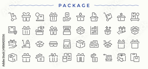Package vector icon set. Web icons pack. Art and illustration. Packaging simple icon set. Containing celebration, christmas, present, gifts, surprise, packaging and more.