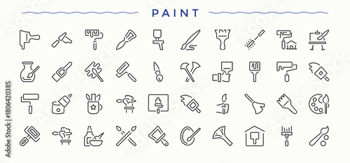 Paint icon set in linear style. Minimalist icons collection. Pixel perfect. Vector illustration. Artistic icon set. Included creative, art, sketch, drawing, artistic, draw and more.
