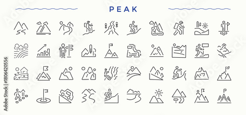 Peak line icon set. Camp linear icon collection. Containing campfire, forest, tent, fishing, travel, tour and more. Pixel perfect. Editable stroke.