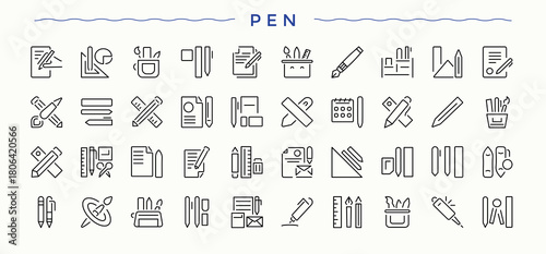 Pen And Pencil icon set. Contains such icons as marker, pencil, art, draw, ink, sketching and more. Handwriting icon set. Set of line pictogram. Editable vector stroke.