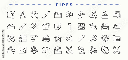 Pipes icon set in linear style. Included tool, carpenter, wood craft, repair, handyman, carpentry and more. Craft icon set. Outline icons in linear style. Vector illustration.