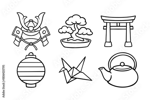 Traditional japan objects with helmet, bonsai, gate, lantern, origami, kettle outline icon set for education print and merchandise. Japan themed item hand drawn symbol design pack. Vector Illustration