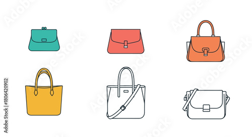 A collection of colorful handbag illustrations in a simple line art style