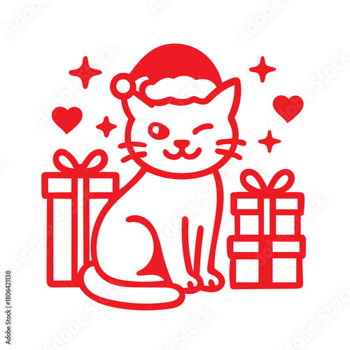 Cute Christmas Cat Vector Outline Winking with Santa Hat and Gifts