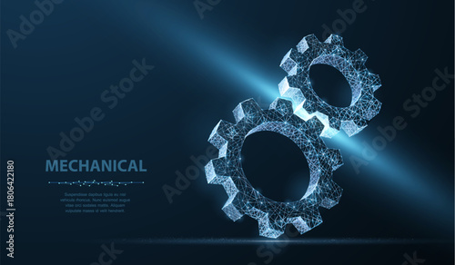 Gears. Abstract vector wireframe two gear 3d modern illustration on dark blue background. Mechanical technology machine engineering symbol. Industry development, engine work, business solution concept