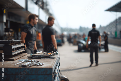 Race pit stop scene featuring mechanics and tools on a workbench. Car in background, showcasing pre-race preparations.