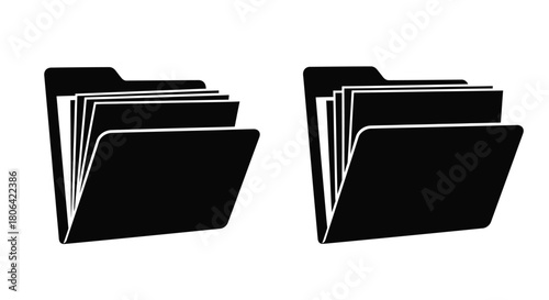 Two black folder icons stacked with papers representing files and organization