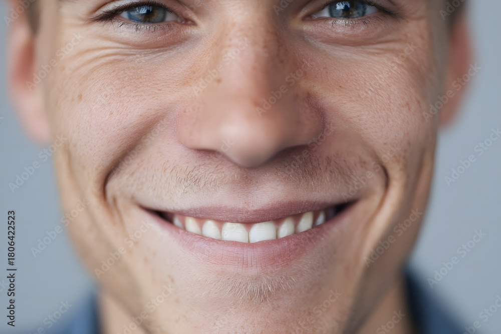 Fototapeta premium Close-up of a young man's smiling face with fair skin and blue eyes