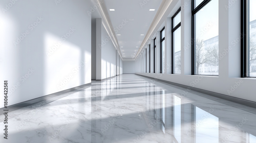 Fototapeta premium A spacious, modern hallway featuring large windows and polished marble floors, creating a bright and airy atmosphere suitable for various uses.