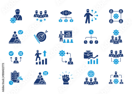 Manager thin solid icon set. Containing leadership, supervision, delegation, teamwork, hiring, development, goal setting, coaching, time management, organization. Vector illustration