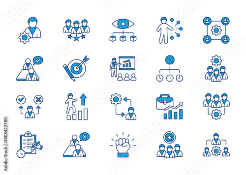 Manager thin blue icon set. Containing leadership, supervision, delegation, teamwork, hiring, development, goal setting, coaching, time management, organization. Vector illustration