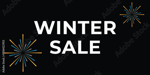 Winter sale promotion banner with firework bright blue and gold accents on black background.