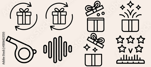 Set of gift box icons whistle icon and sound wave icon simple line vector design element for web and mobile apps 
