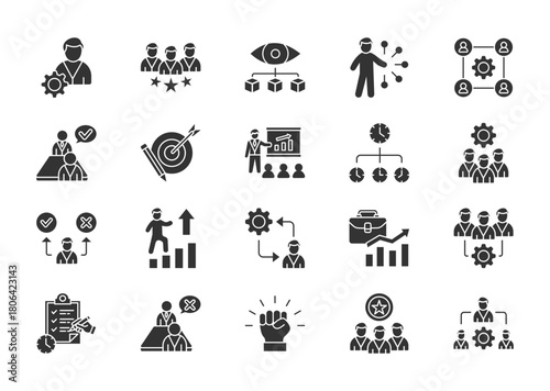 Manager thin glyph icon set. Containing leadership, supervision, delegation, teamwork, hiring, development, goal setting, coaching, time management, organization. Vector illustration