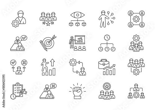 Manager thin line icon set. Containing leadership, supervision, delegation, teamwork, hiring, development, goal setting, coaching, time management, organization. Vector illustration