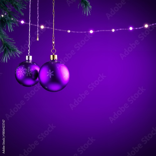 Purple christmas baubles hanging on strings on purple background christmas background holiday background winter christmas design decoration merry celebration
