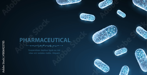 Pills. Abstract vector polygonal capsule pills on blue desk table. Medical, pharmacy, health vitamin, antibiotic capsule, pharmaceutical medicine, treatment concept illustration or background

