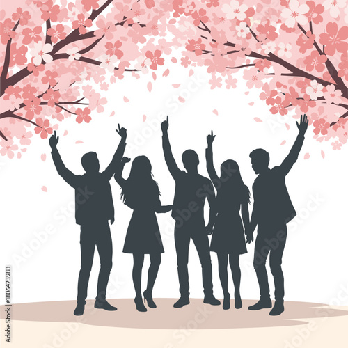Young people celebrating together under cherry blossoms for Coming of Age Day  