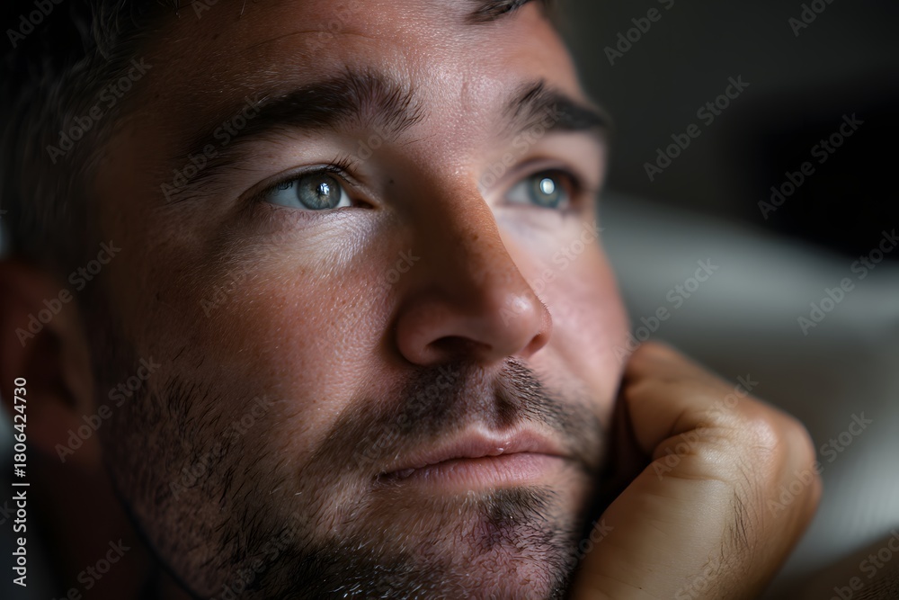Fototapeta premium Pensive man gazing upward with contemplative expression
