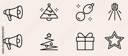 Set of holiday icons featuring Christmas trees gifts and decorations minimalist vector design for festive web and print projects